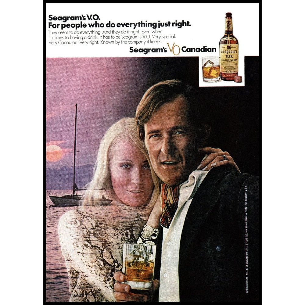 1971 Seagram's V.O. Canadian Whisky Vintage Print Ad Sailboat Sunset Wall Art